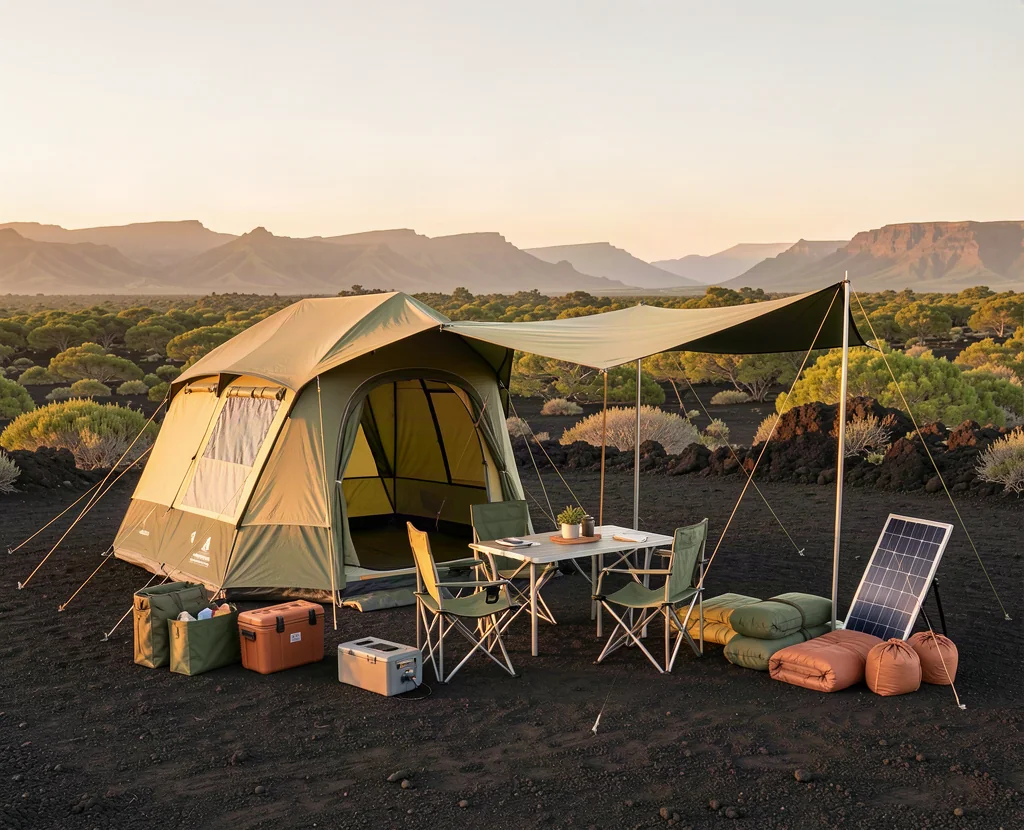 Advanced camping package with standing-height tent, canopy, furniture and solar panels