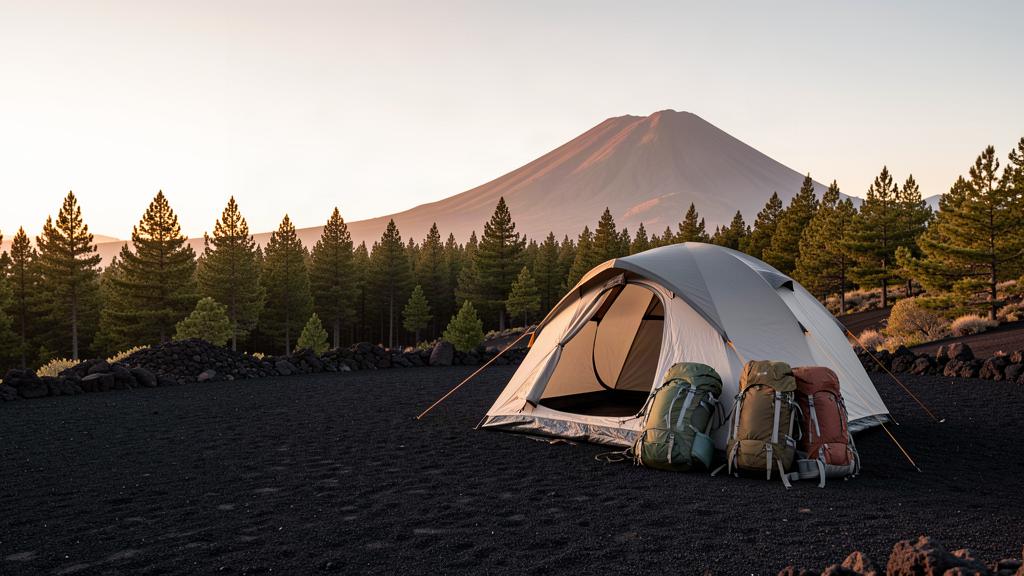 Camping gear on volcanic terrain in Tenerife